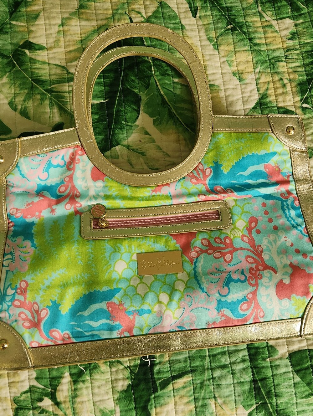 Lilly Pulitzer Gold-Trim Coral, Turquoise & Lime Floral Tote